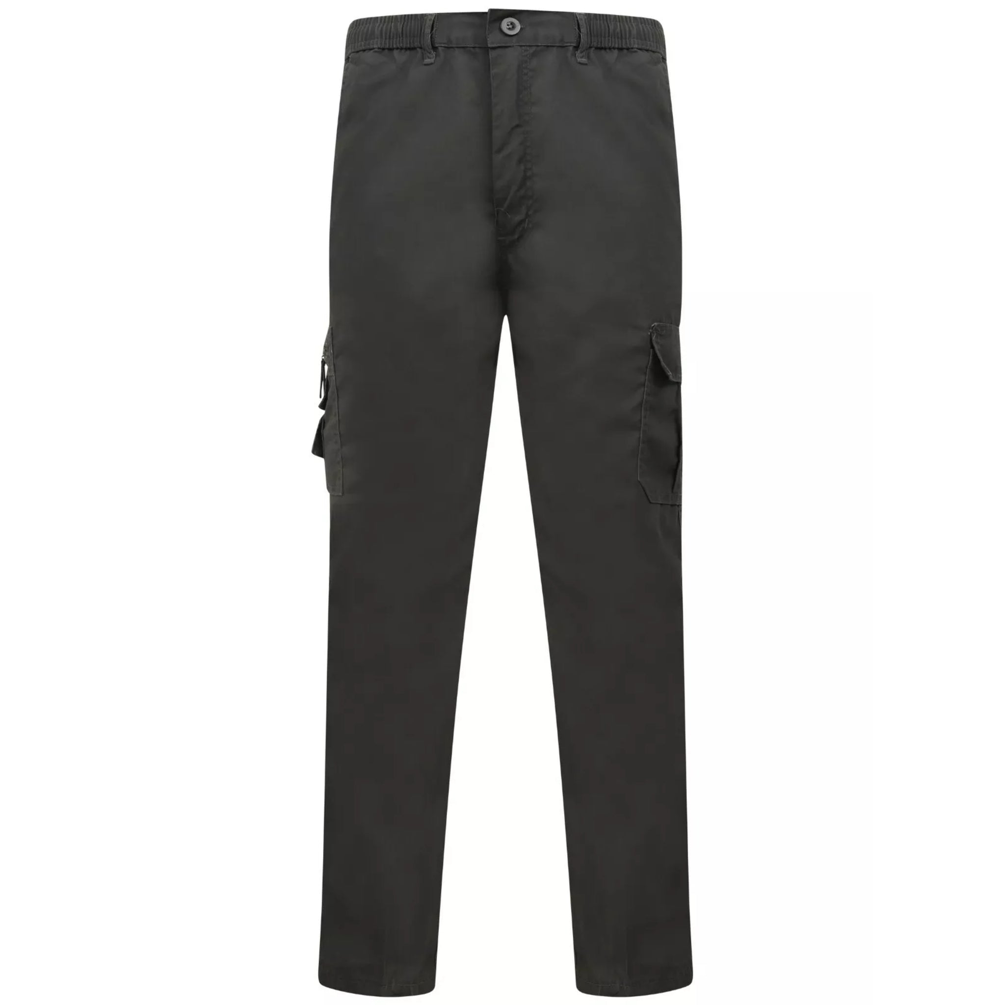Men's grey cargo utility trousers with side flap pockets, elasticated waistband, and belt loops – durable workwear or outdoor pants